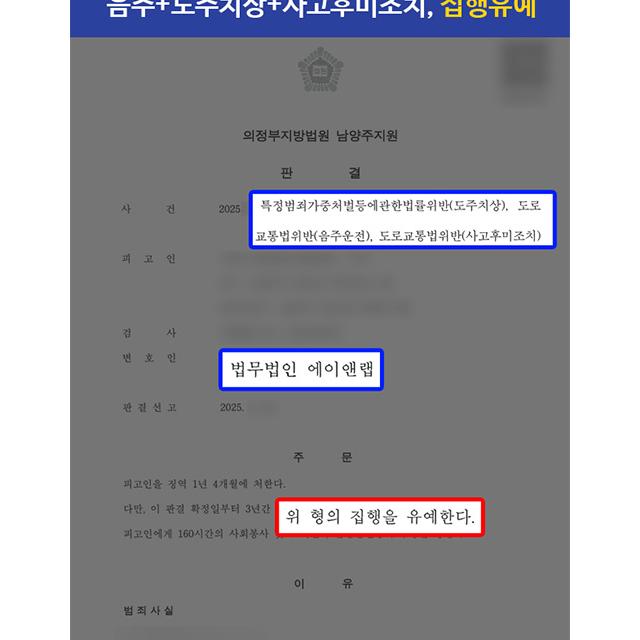 [형사] 음주운전+도주치상+사고후미조치 혐의 의뢰인, 동종전력 있음에도 집행유예 선처 성공